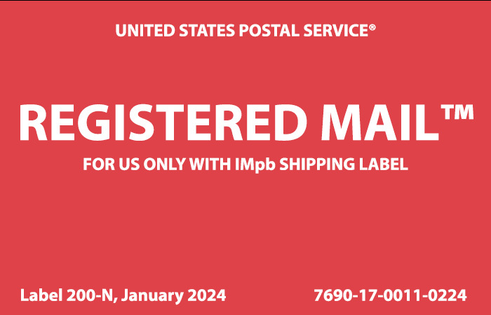 Red Registered Mail label from the USPS.