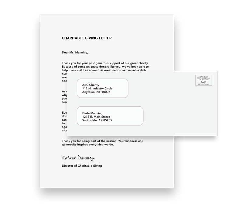Example of a donor letter and matching envelope