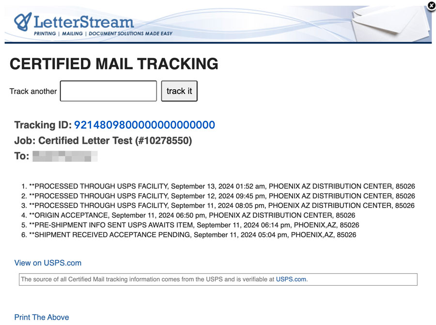 Certified Mail Tracking Tool