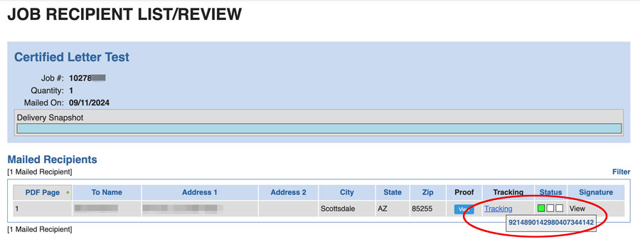 Certified Mail Tracking Example