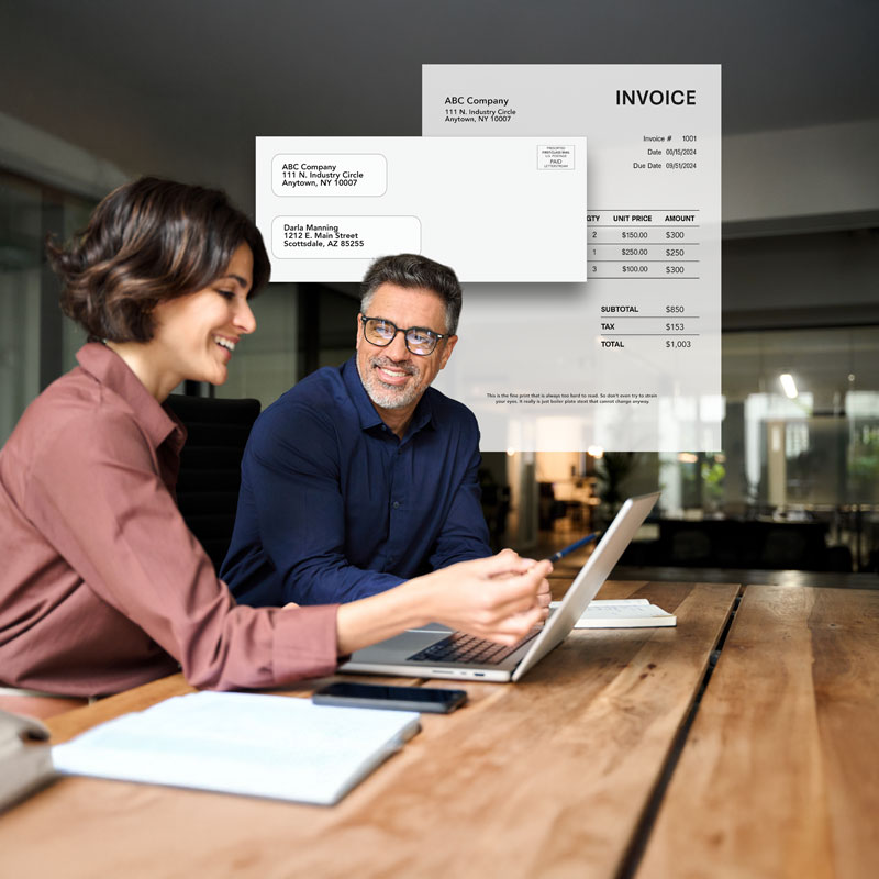 Send Mail from Office: two people at computer with an example of an invoice super-imposed behind them