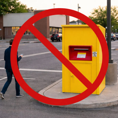 DHL Dropbox with the red circle and line through it