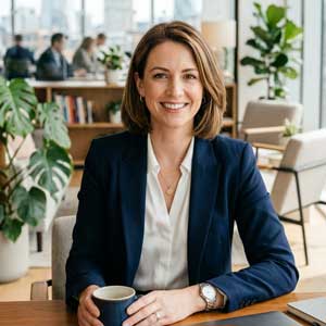lady at desk drinking a coffee