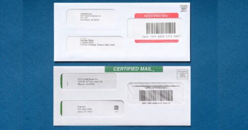 Registered mail envelope above a Certified Mail envelope