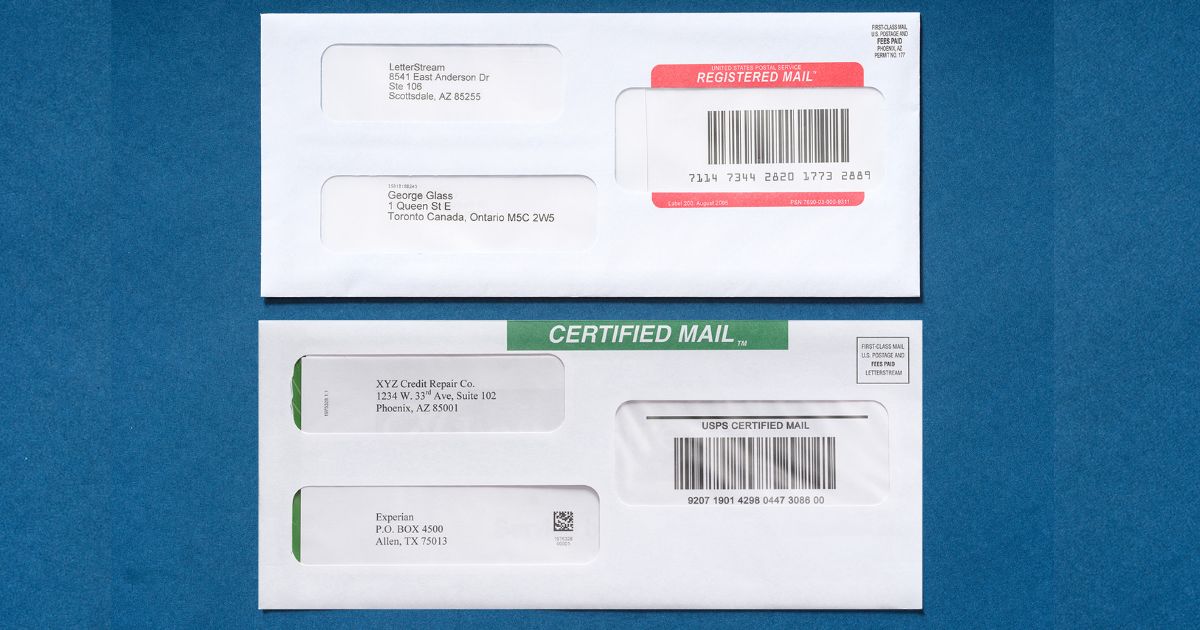 Registered mail envelope above a Certified Mail envelope