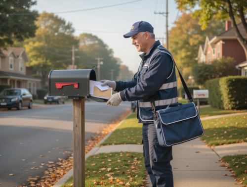 man delivering mail to mailbox