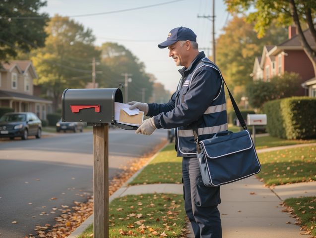 man delivering mail to mailbox