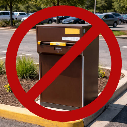 UPS dropbox with cancel symbol over it.